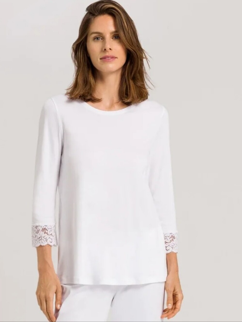 HANRO MOMENTS LACE TRIM COTTON  PJ CROPPED TOP  IN WHITE / SZ:MEDIUM